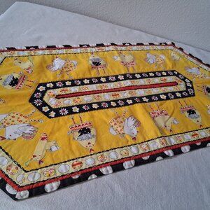 Table Runner Topper Handmade Cotton Yellow Black Chicken Hen Eggs Country Farm